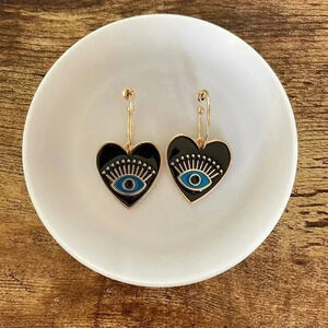 ❤️ NEW 2/$20 or 3/$25 Enamel Black & Gold Hoop Heart Evil Eye Earrings 💎HP💎